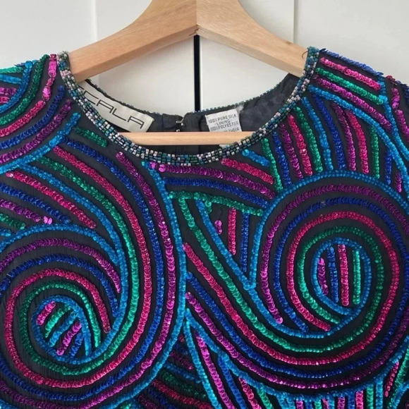80’s Vintage Black With Colorful Sequins Silk Top Size M New Year’s Party Retro - Picture 3 of 12